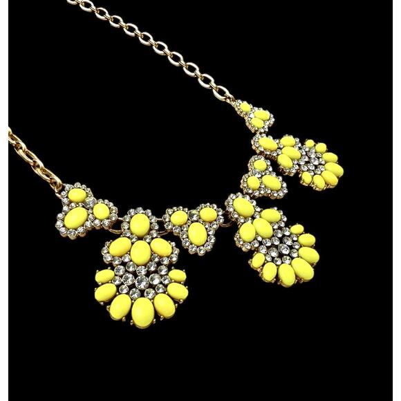 J Crew Necklace Yellow Bead Flowers Clear Rhinestones Gold Tone Chain Sparkle - Picture 2 of 11